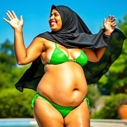 A voluptuous Bengali woman joyfully jumping while wearing a vibrant green bikini