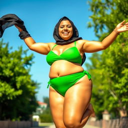 A voluptuous Bengali woman joyfully jumping while wearing a vibrant green bikini