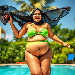 A voluptuous Bengali woman joyfully jumping while wearing a vibrant green bikini