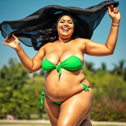 A voluptuous Bengali woman joyfully jumping while wearing a vibrant green bikini