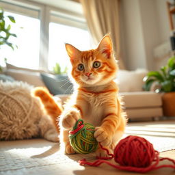 A playful orange tabby cat with big green eyes, sitting in a sunlit living room, surrounded by fluffy cushions and indoor plants