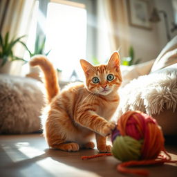 A playful orange tabby cat with big green eyes, sitting in a sunlit living room, surrounded by fluffy cushions and indoor plants
