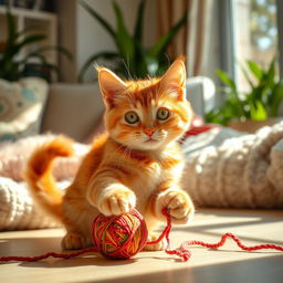 A playful orange tabby cat with big green eyes, sitting in a sunlit living room, surrounded by fluffy cushions and indoor plants