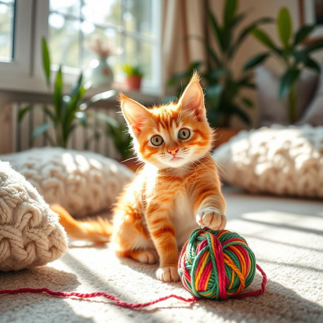 A playful orange tabby cat with big green eyes, sitting in a sunlit living room, surrounded by fluffy cushions and indoor plants