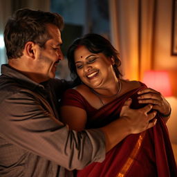 An intimate scene featuring two confident adult men engaging with a voluptuous 58-year-old Bengali woman