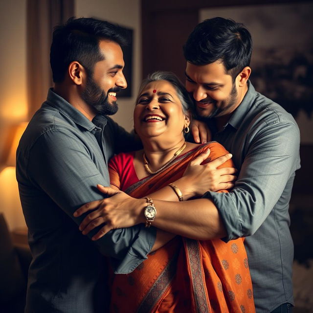 An intimate scene featuring two confident adult men engaging with a voluptuous 58-year-old Bengali woman