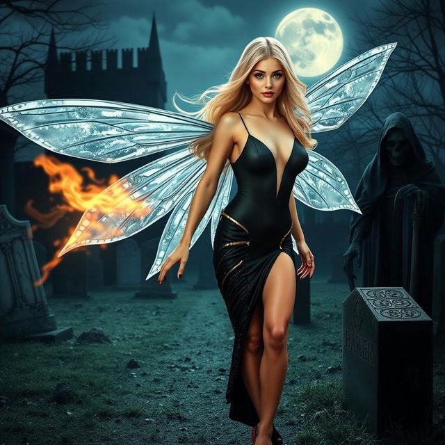 A striking fairy with long, flowing blonde hair and shimmering silver wings that appear to glow, striking a dynamic pose in a dark, eerie cemetery under a full moon