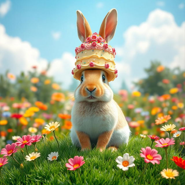 A whimsical scene featuring a majestic rabbit wearing a beautifully decorated cake as a crown