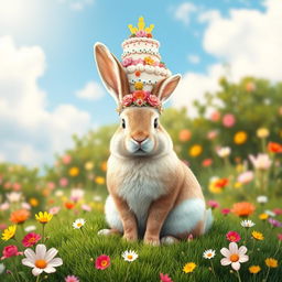 A whimsical scene featuring a majestic rabbit wearing a beautifully decorated cake as a crown