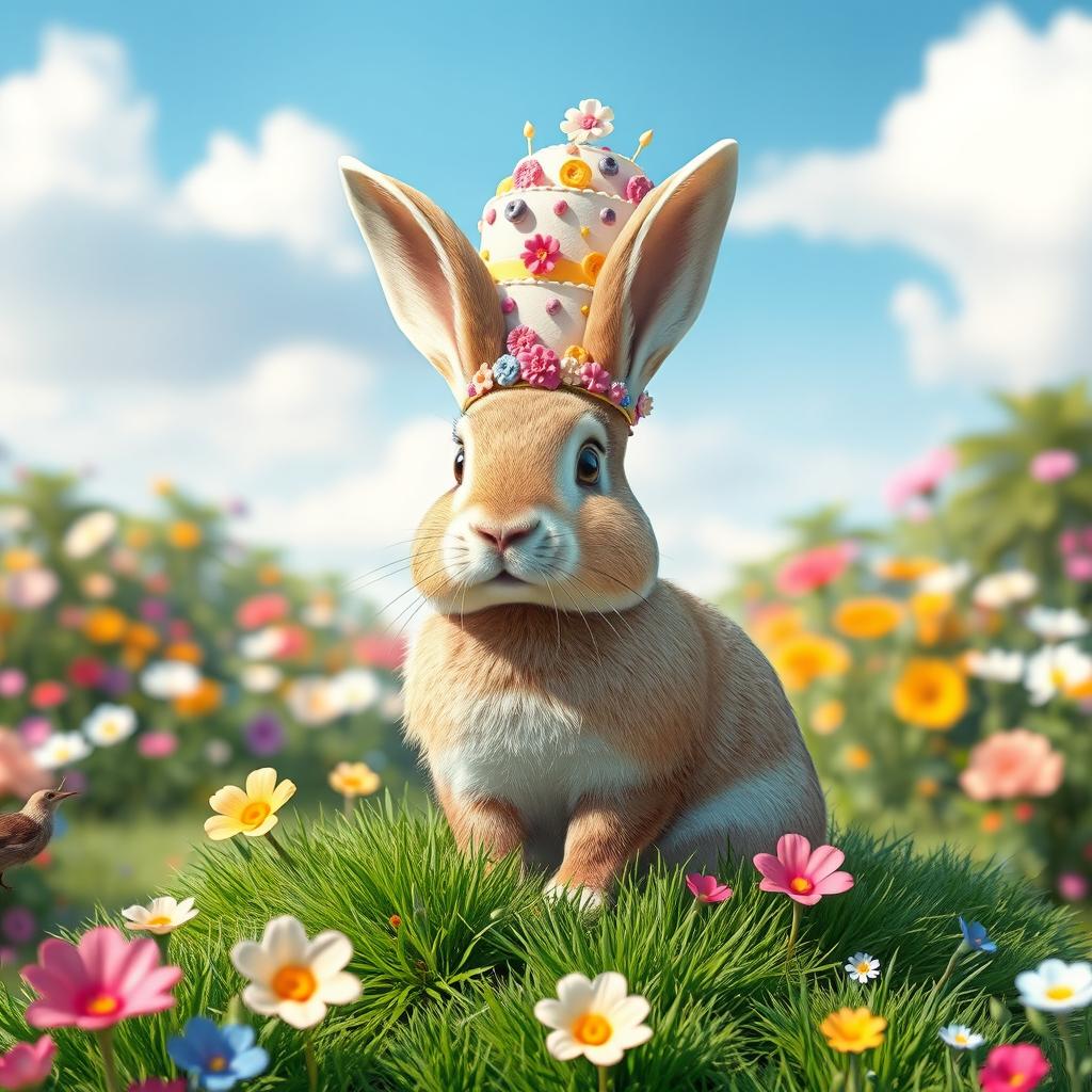 A whimsical scene featuring a majestic rabbit wearing a beautifully decorated cake as a crown