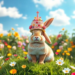 A whimsical scene featuring a majestic rabbit wearing a beautifully decorated cake as a crown