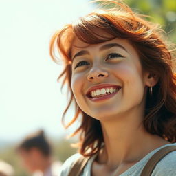 A joyful person with a bright smile, looking forward with a positive expression