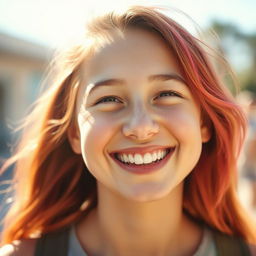 A joyful person with a bright smile, looking forward with a positive expression