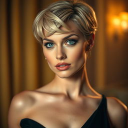A glamorous portrait of a confident woman with short, stylish blonde hair and piercing blue eyes