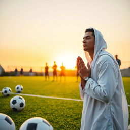 Cristiano Ronaldo, the famous football player, performing a prayer (namaz) on a vibrant green football field, wearing a traditional white thobe, with the sun setting in the background, casting a warm golden hue