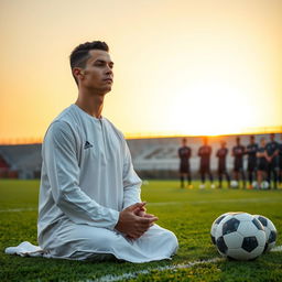 Cristiano Ronaldo, the famous football player, performing a prayer (namaz) on a vibrant green football field, wearing a traditional white thobe, with the sun setting in the background, casting a warm golden hue