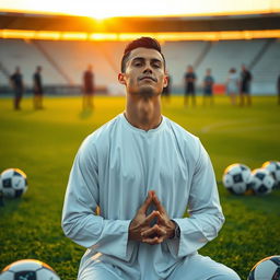 Cristiano Ronaldo, the famous football player, performing a prayer (namaz) on a vibrant green football field, wearing a traditional white thobe, with the sun setting in the background, casting a warm golden hue