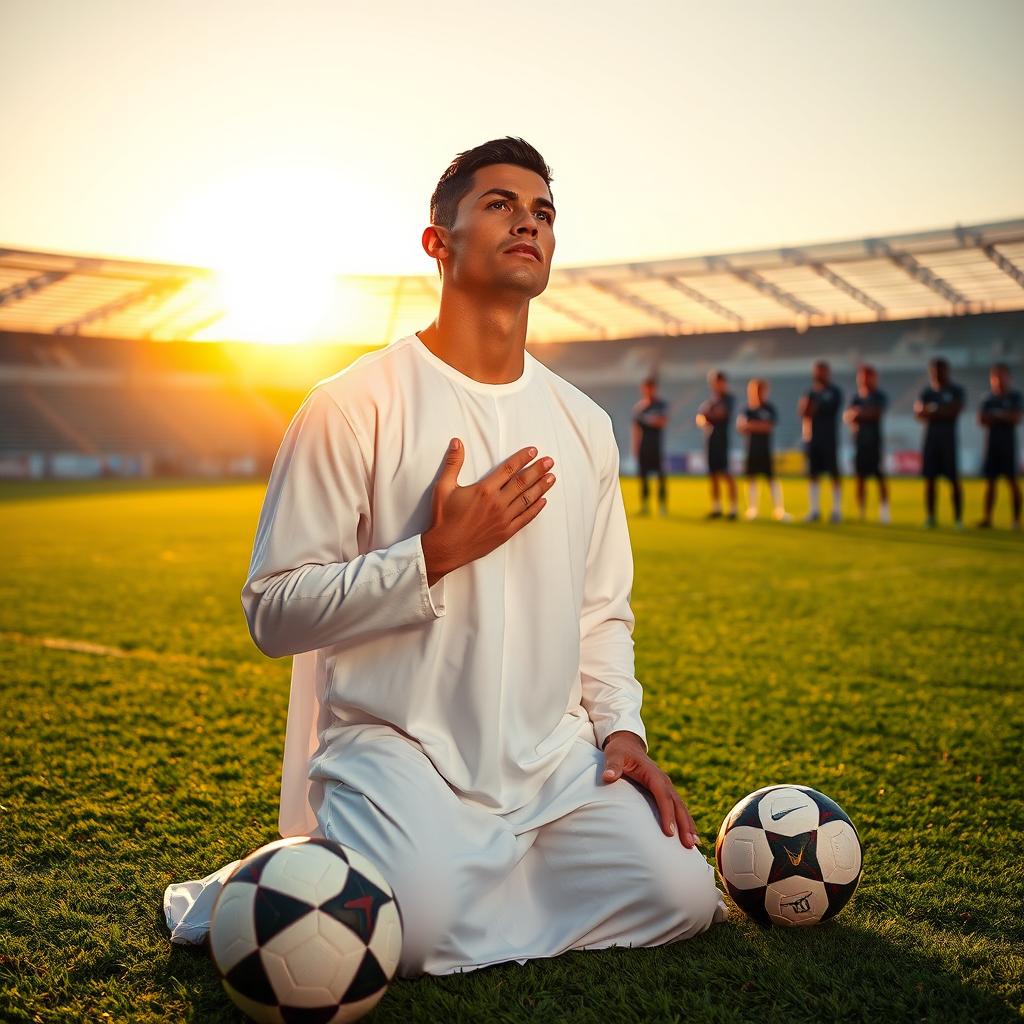 Cristiano Ronaldo, the famous football player, performing a prayer (namaz) on a vibrant green football field, wearing a traditional white thobe, with the sun setting in the background, casting a warm golden hue