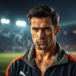 A portrait of a muscular man with short dark hair, resembling a famous soccer player, casually smoking a cigarette