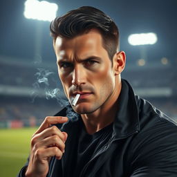 A portrait of a muscular man with short dark hair, resembling a famous soccer player, casually smoking a cigarette