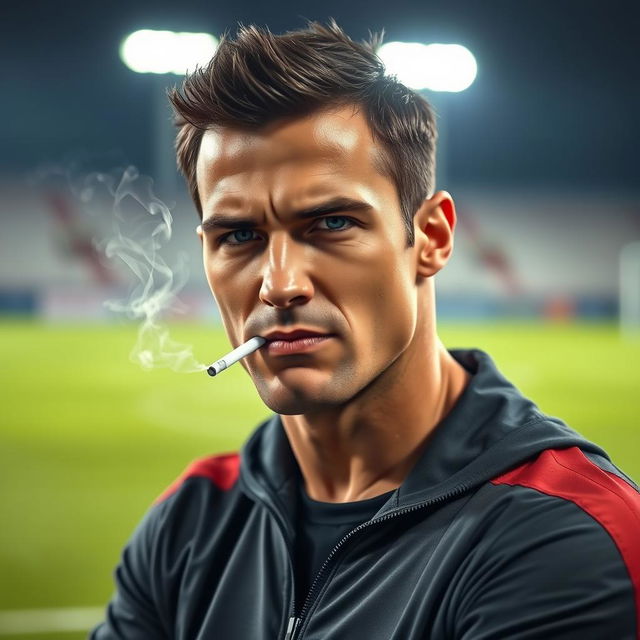 A portrait of a muscular man with short dark hair, resembling a famous soccer player, casually smoking a cigarette