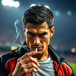 A portrait of a muscular man with short dark hair, resembling a famous soccer player, casually smoking a cigarette