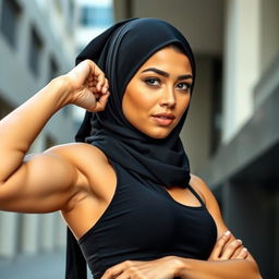 A young woman wearing a stylish hijab, showcasing a confident and athletic appearance