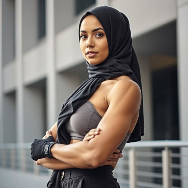 A young woman wearing a stylish hijab, showcasing a confident and athletic appearance