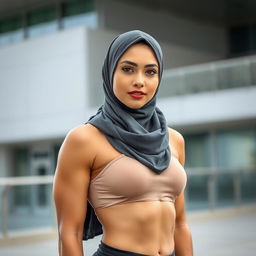 A young woman wearing a stylish hijab, showcasing a confident and athletic appearance
