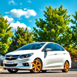 A stunning white Chevrolet Optra with golden rims parked in a sunny outdoor setting
