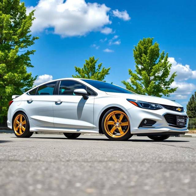 A stunning white Chevrolet Optra with golden rims parked in a sunny outdoor setting