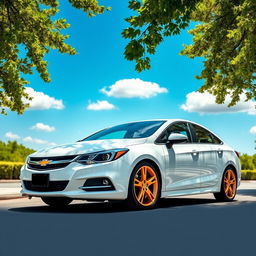 A stunning white Chevrolet Optra with golden rims parked in a sunny outdoor setting