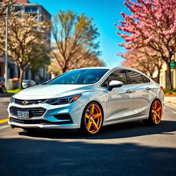 A sleek white Chevrolet Optra with stunning golden rims parked on a sunny street, showcasing its pristine body and eye-catching details