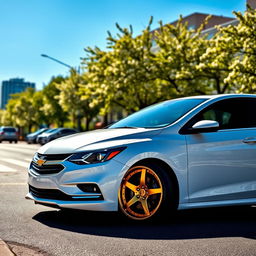 A sleek white Chevrolet Optra with stunning golden rims parked on a sunny street, showcasing its pristine body and eye-catching details