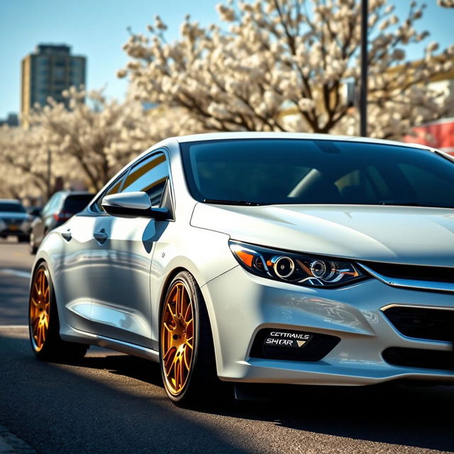 A sleek white Chevrolet Optra with stunning golden rims parked on a sunny street, showcasing its pristine body and eye-catching details