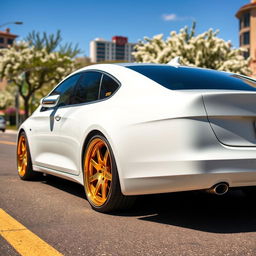 A sleek white Chevrolet Optra with stunning golden rims parked on a sunny street, showcasing its pristine body and eye-catching details