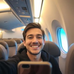 A person taking a selfie inside an airplane cabin