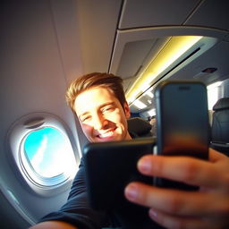 A person taking a selfie inside an airplane cabin