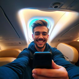 A person taking a selfie inside an airplane cabin