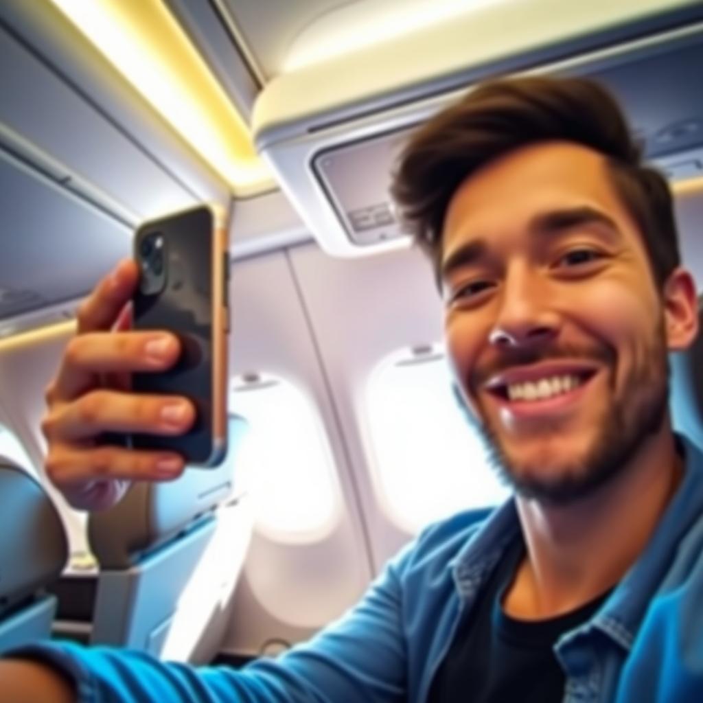 A person taking a selfie inside an airplane cabin