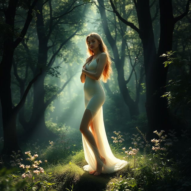 A serene and ethereal figure standing amidst a lush, mystical forest, with soft sunlight filtering through the trees, casting gentle shadows