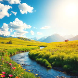 A vibrant and clean scene depicting a beautiful landscape, featuring a bright blue sky filled with fluffy white clouds, and a lush green meadow dotted with colorful wildflowers