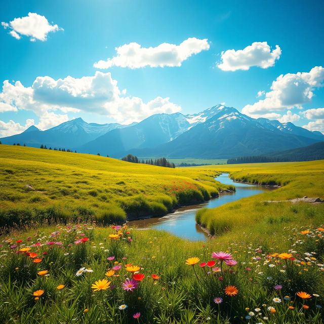 A vibrant and clean scene depicting a beautiful landscape, featuring a bright blue sky filled with fluffy white clouds, and a lush green meadow dotted with colorful wildflowers