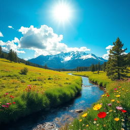 A vibrant and clean scene depicting a beautiful landscape, featuring a bright blue sky filled with fluffy white clouds, and a lush green meadow dotted with colorful wildflowers