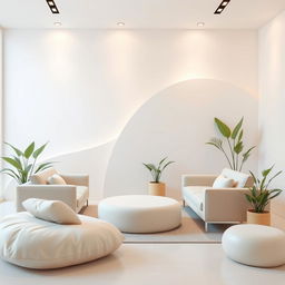 A modern, minimalist interior design scene, featuring soft, calming colors such as pastel shades