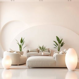 A modern, minimalist interior design scene, featuring soft, calming colors such as pastel shades