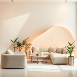 A modern, minimalist interior design scene, featuring soft, calming colors such as pastel shades