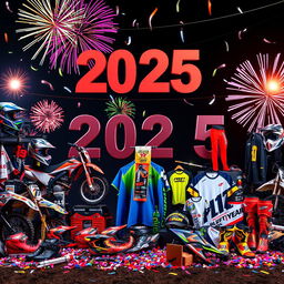 A vibrant and festive scene celebrating New Year 2025 with dirt bikes and motocross gear