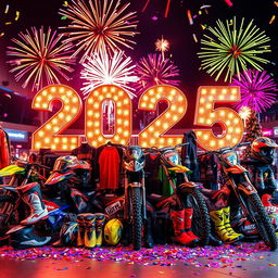 A vibrant and festive scene celebrating New Year 2025 with dirt bikes and motocross gear