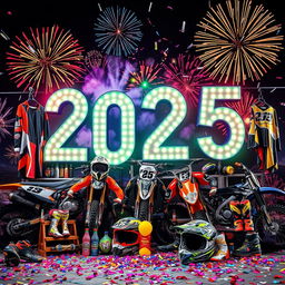 A vibrant and festive scene celebrating New Year 2025 with dirt bikes and motocross gear